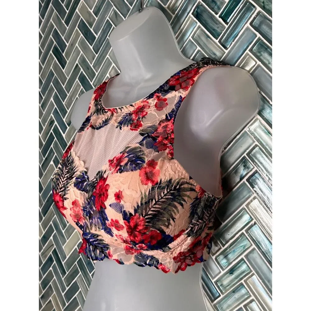 VICTORIA'S SECRET‎ PINK TROPICAL FLORAL LACE HIGH NECK PADDED BRALETTE LARGE